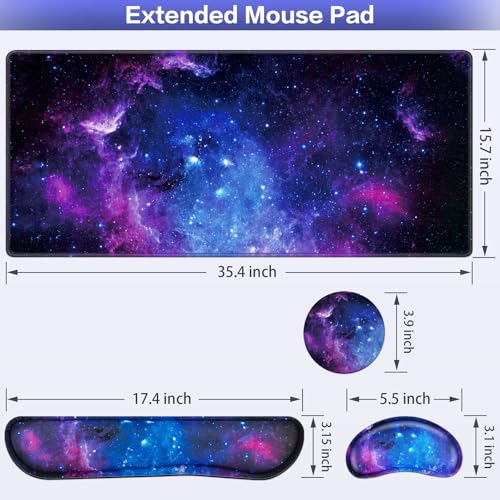 Mouse Pad Galaxy with Wrist Rest, 4-in-1 Large Mousepad+Keyboard Wrist Rest+Mouse Pad Wrist Support+Cup Pad Set,Ergonomic Mouse Pad,Anti-Slip,Memory Foam Desk Mat for Home Office Gaming(35.4×15.7in) - color: Galaxy