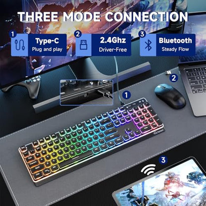 Free wolf M104 Wireless Gaming Keyboard with Numeric Keypad Tri-Mode(2.4Ghz/Wired/Bluetooth) Membrane Full Size Mechanical Feel Metal Panel RGB 4000MAH Rechargeable Quiet for PC/MAC/Win Gamer-Black - color: Black