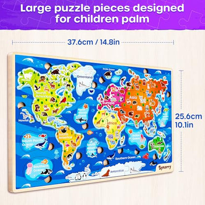 SYNARRY Large USA World Wooden Puzzles for Kids Ages 4-6, Learning United States World Maps Puzles for Kids Ages 6-8, Wood Jigsaw Puzzles Educational Games Toys Gifts for Boys Girls Ages 3-8 - style: USA World Map