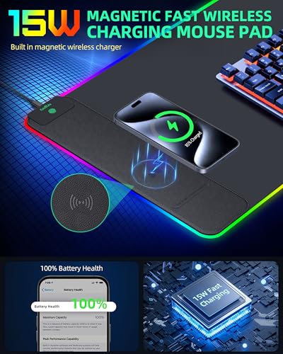 15W Wireless Charging RGB Mouse Pad, 31.5"x15.7", XXL Gaming Desk Mat | 15 Lighting Modes, Large Ultra-Smooth Surface, Non-Slip Rubber Base, Waterproof Computer Keyboard Pad for Desk, Office, Black - color: Black Rgb (Wireless Charging)