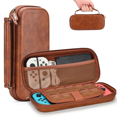 Younik Switch Case for NS Switch and Switch OLED, PU Leather, Brown | Hard EVA Shell, Portable Travel Case with 9 Games Slots - color: Brown-for Switch 2017/Switch OLED
