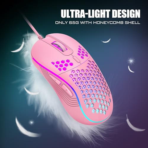 RedThunder 60% Gaming Keyboard and Mouse Combo, Ultra-Compact 61 Keys RGB Backlit Mini Keyboard, Lightweight 7200 DPI Honeycomb Optical Mouse, RGB Wired Gaming Set for PC MAC PS5 Xbox Gamer(Pink) - style: 01 Pink Wired Combo