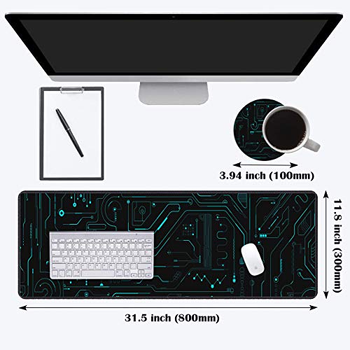 Desk Pad Mat Gaming Mouse Pads with Coasters Set, Stitched Edges Design Mouse Pad XXL Large Mouse Pad for Laptop Computers Circuit Board Pattern Desk Writing Mat for Office & Home 31.5"x 11.8" - color: Circuit Board Pattern