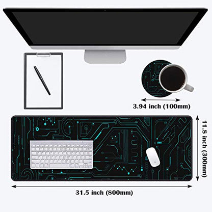 Desk Pad Mat Gaming Mouse Pads with Coasters Set, Stitched Edges Design Mouse Pad XXL Large Mouse Pad for Laptop Computers Circuit Board Pattern Desk Writing Mat for Office & Home 31.5"x 11.8" - color: Circuit Board Pattern