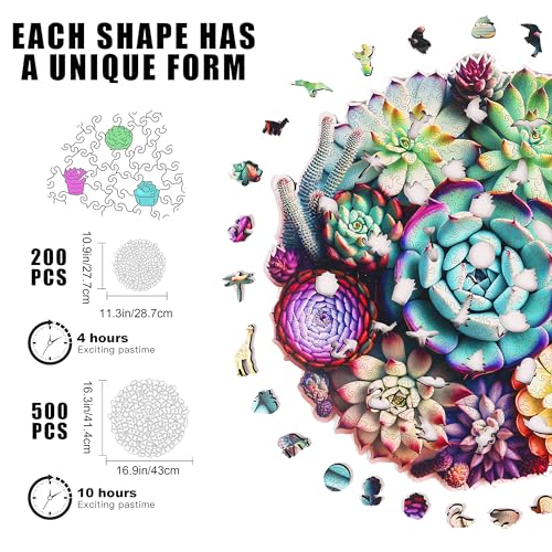 Delobi Mandala Succulent Wooden Puzzles, 200 Pieces Jigsaw Puzzles 11.3'' x10.9'', Unique Design Wooden Puzzles for Adults and Kids, Family Game Gift Medium Size - color: Succulent Mandala, size: 200Pcs