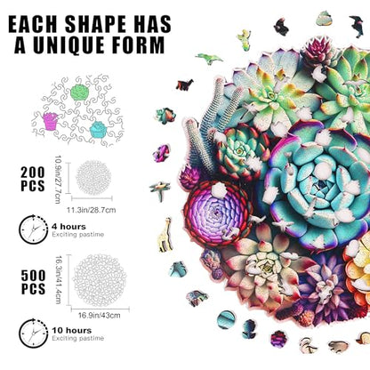 Delobi Mandala Succulent Wooden Puzzles, 200 Pieces Jigsaw Puzzles 11.3'' x10.9'', Unique Design Wooden Puzzles for Adults and Kids, Family Game Gift Medium Size - color: Succulent Mandala, size: 200Pcs