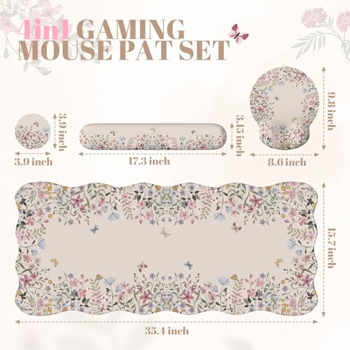 iCasso Desk Mat Set,Large Mouse Pad with Wrist Rest,Ergonomic Keyboard Wrist Support for Women,Girly Floral Computer Mat with Scalloped Edges,Non-Slip Desk Pad Home Office Gaming (Beige) - color: Beige