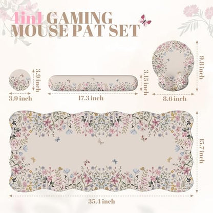 iCasso Desk Mat Set,Large Mouse Pad with Wrist Rest,Ergonomic Keyboard Wrist Support for Women,Girly Floral Computer Mat with Scalloped Edges,Non-Slip Desk Pad Home Office Gaming (Beige) - color: Beige