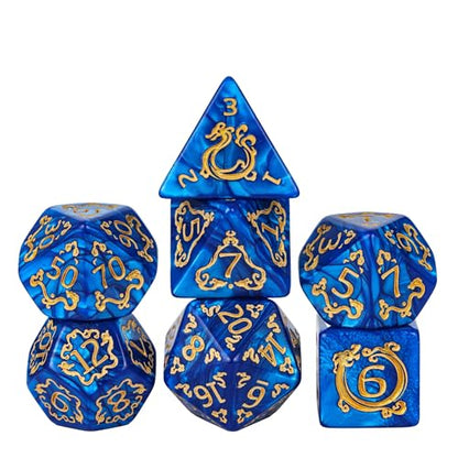 7-Die DND Dice Set Dragon Pattern Polyhedral Die with Leather Bag D&D Dice Set for RPG Table Games (Blue W/Gold Dragon Pattern) - color: Blue W/Gold Dragon Pattern