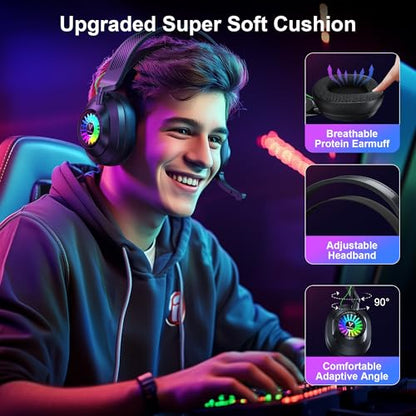 Vakedy Wireless Gaming Headset with Mic for PS5, PS4, PC, Switch, Mac, 2.4GHz & BT Gaming Headphones, 50H Battery, 24ms Low Latency for Fortnite & Call of Duty/FPS Gamers, RGB Lights, Black | 2.4GHz & BT Gaming Headphones, 50H Battery and Noise Canceling