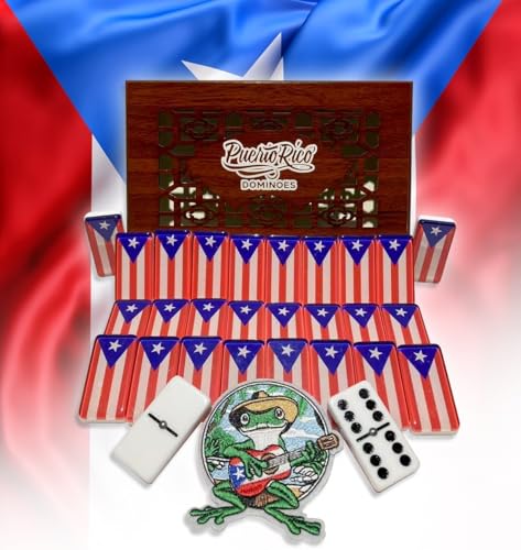 PRK 14 Premium Edition Puerto Rican Dominoes Set Deluxe – Double Six Domino Adult Tiles with Puerto Rico Flag Design – Resin & Clear Top Acrylic – Classic Artisan Wooden Storage Case Included
