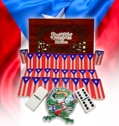 PRK 14 Premium Edition Puerto Rican Dominoes Set Deluxe – Double Six Domino Adult Tiles with Puerto Rico Flag Design – Resin & Clear Top Acrylic – Classic Artisan Wooden Storage Case Included