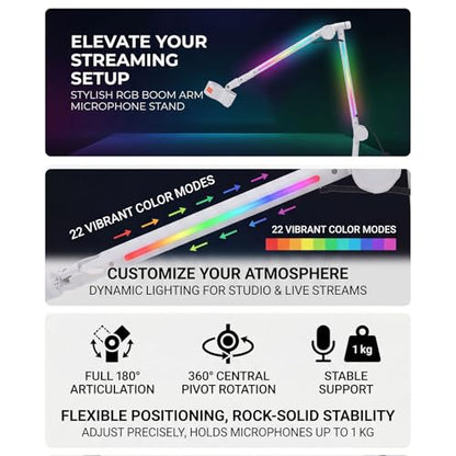 Asixxsix Microphone Boom Arm, Metal Adjustable Rotatable RGB Mic Stand with 3/8 to 5/8 inch Screw Adapter Desk Mount Clamp 2.2lbs Capaicty Heavy Duty for Gaming Streaming Podcast