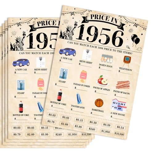 30Pcs 70th Birthday Party Games Price in 1956 Game Fun Back in 1956 Games Double-Sided Game Cards Vintage 70th Birthday Party Supplies for 70 Year Old Woman Man Anniversary Class Reunion Gifts - size: 70-1956, style: Price Game