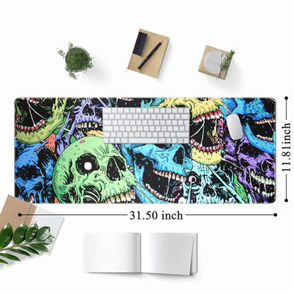 Colorful Skulls Desk Mat Large Gaming Mouse Pad XL Extended Mousepad Desk Pad Big Keyboard Pad Desktop Mouse Mat 31.5''x11.8'' Deskmat for Gamers with Stitched Edges Non-Slip Rubber Base - color: Colorful Skulls