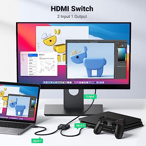 UGREEN HDMI Switch 2 in 1 Out, 4K@60Hz, with HDMI Cable, Bi-Directional | HDR, 3D, HDCP 2.2, Dolby Atmos, Dolby Vision, Compatible with PS5, Xbox, Switch/Switch 2, Roku, TV