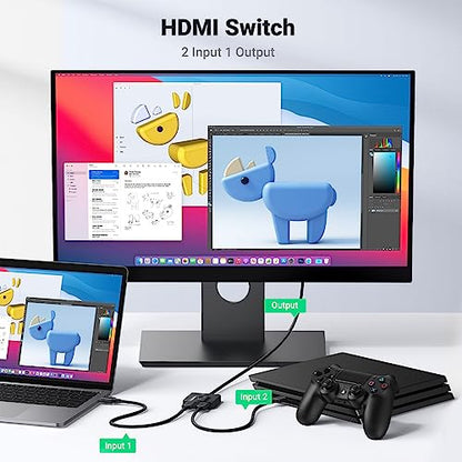 UGREEN HDMI Switch 2 in 1 Out, 4K@60Hz, with HDMI Cable, Bi-Directional | HDR, 3D, HDCP 2.2, Dolby Atmos, Dolby Vision, Compatible with PS5, Xbox, Switch/Switch 2, Roku, TV