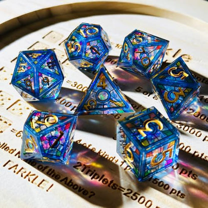 HAOMEJA Double Layered Resin Dice Set 7pcs/ Stained Glass Effect & Gold Numbers/Sharp Edged Polyhedral Dice/Apply to D&D/DND/Dungeons & Dragons/Role Playing Game/RPG/Party Gift (Blue Sky) - color: 1 Blue Sky