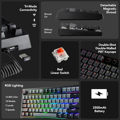 TECWARE Phantom+ Elite 87 Key RGB Mechanical Gaming Keyboard | 3 Mode Wireless Bluetooth 5.0 2.4GHz & USB C Wired | Hot Swappable 5 Pin | Double Shot PBT Keycaps | Wraith Red Switch - Black - color: Red Switch, size: Phantom+ Elite 87 | Black
