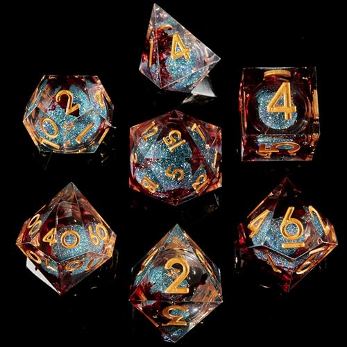 Fugacity Dice Set, Liquid Core Handmade Sharp Edge 7 Piece Resin Dice-for Dungeons and Dragons Polyhedral Dice Set, D&D Dice Set with Gift Dice Case for RPG MTG Table Games - color: Sand Flow-blue