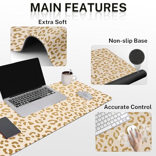 Arttown Keyboard Mouse Pad Set, 4 in 1 Desk Mat Set Leopard Gold | Cheetah Animal Print Large Mousepad+Keyboard Wrist Rest+Mouse Wrist Rest+Coaster Ergonomic Design for Home Office Computer - color: Gold Leopard