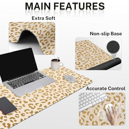 Arttown Keyboard Mouse Pad Set, 4 in 1 Desk Mat Set Leopard Gold | Cheetah Animal Print Large Mousepad+Keyboard Wrist Rest+Mouse Wrist Rest+Coaster Ergonomic Design for Home Office Computer - color: Gold Leopard