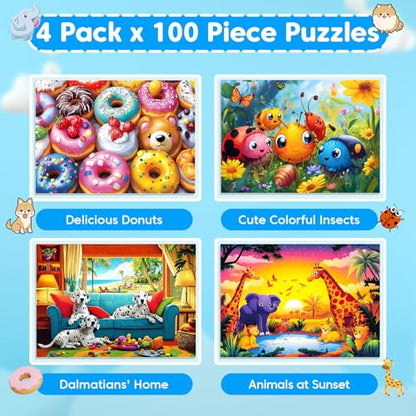 4 Packs 100 Piece Puzzles for Kids Ages 4-6 6-8 8-10, Cute Donuts & Insects & Dalmatians & Animals Educational Jigsaw Puzzles, Birthday Xmas Gifts for Boys Girls Teens Adults Kids Puzzles 4-6 5-8 - style: Donuts Insects Dalmatians Animals