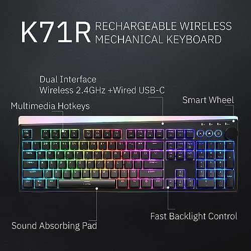 iRocks K71R Wireless RGB Mechanical Gaming Keyboard, Switches Brown,PBT 107 Keys NKRO,RGB Backlit,Pro Keyboard for Gaming and Work,Dual Interface Wireless & Wired, Windows Laptop PC Mac,Black - color: Black