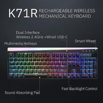 iRocks K71R Wireless RGB Mechanical Gaming Keyboard, Switches Brown,PBT 107 Keys NKRO,RGB Backlit,Pro Keyboard for Gaming and Work,Dual Interface Wireless & Wired, Windows Laptop PC Mac,Black - color: Black