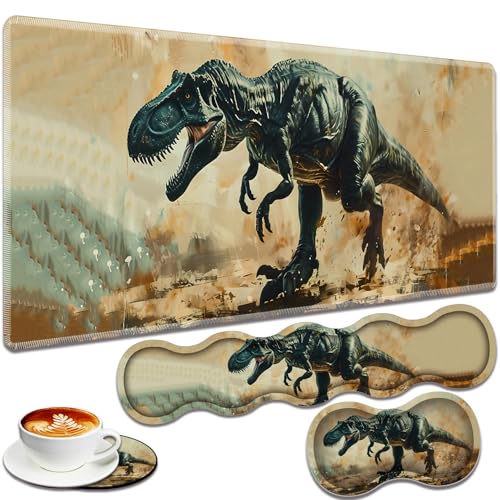 Large Gaming Mouse Pad + Keyboard Wrist Rest + Wrist Support + Coaster Set, Memory Foam Ergonomic for Easy Typing, XXL Extended Gaming Mouse Pad Table Pad - T-Rex - color: T-rex