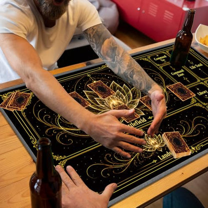 Playmat for MTG with Zones, 24 x 14 Inch Card Game Mat, Stitched Edges, Non Slip Rubber Base, 2mm Washable Play Mat with Storage Bag, Lotus Flower Design, Gold Color - color: Gold