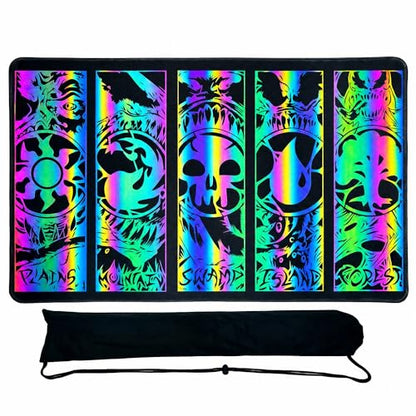Holographic TCG Playmat for MTG with Waterproof Oxford Bag, Premium Trading Card Game Mat with Stitched Edges, Iridescent Elemental Game Pad, Anti-Slip Rubber Base (Basicland) - color: Basicland