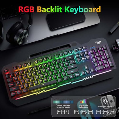 AULA Gaming Keyboard, T102 104 Keys Gaming Keyboard and Mouse Combo with RGB Backlit, All-Metal Panel, Anti-Ghosting, PC Game Keyboard and Mouse, USB Wired Keyboard Mouse for MAC Xbox PC Gamers - color: Black Keycaps + Black Panel