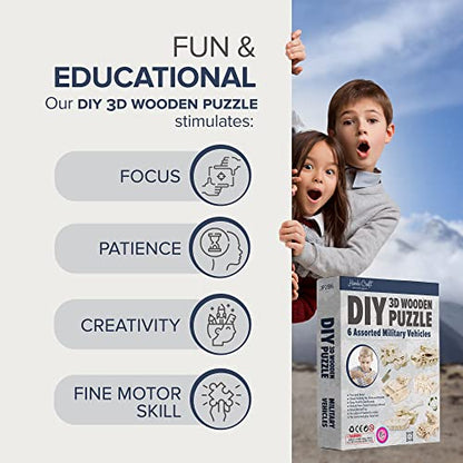 Hands Craft DIY 3D Wooden Puzzle – 6 Assorted Military Vehicles Bundle Pack Set Brain Teaser Puzzles Educational STEM Toy Adults and Kids to Build Safe and Non-Toxic Easy Punch Out Premium Wood JP2B6 - color: Miliatary Vehicles