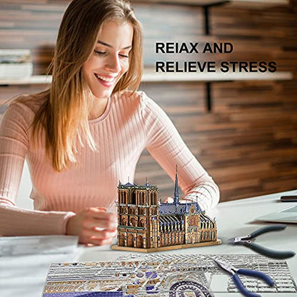 Piececool 3D Metal Puzzles for Adults and Teens, Notre Dame De Paris Church Metal Model Kit, Challenge French Cathedral Brain Teaser Architecture Building Blocks Puzzle, 382 Pcs - color: Colorful