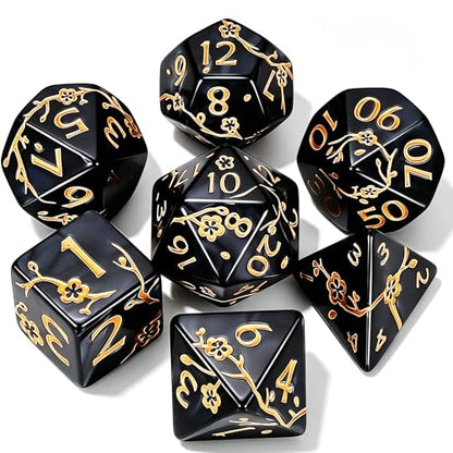 CiaraQ 7pcs Polyhedral Dice Set for Dungeon and Dragons MTG Table Games | Acrylic Role Playing Dice for D&D with Black Velvet Bag – Black Pearl with Gold Numbers & Patterns - color: Black and Gold Floral Dice