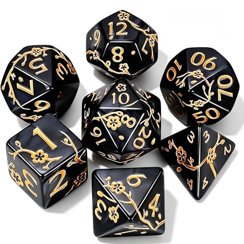 CiaraQ 7pcs Polyhedral Dice Set for Dungeon and Dragons MTG Table Games | Acrylic Role Playing Dice for D&D with Black Velvet Bag – Black Pearl with Gold Numbers & Patterns - color: Black and Gold Floral Dice