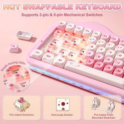 YUNZII C75 Wireless Mechanical Keyboard,75% Layout, Hot-Swappable NKRO,BT5.0/2.4G/USB-C Mode,Dye-Sub PBT MOA Keycaps,RGB Gasket Mount,Cute Cake Design for Mac/Win/Gaming (Pink, Candy Switch) - color: Pink, size: Candy Switch
