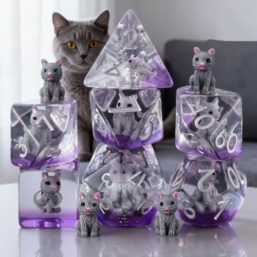DND Resin Cat Dice Set, D&D Polyhedral Dice for Dungeons and Dragons RPG, MTG Role Playing Games D and D Dice 7pcs D20 D12 D10 D8 D6 D4 for Ages 15 and Up - color: Cat