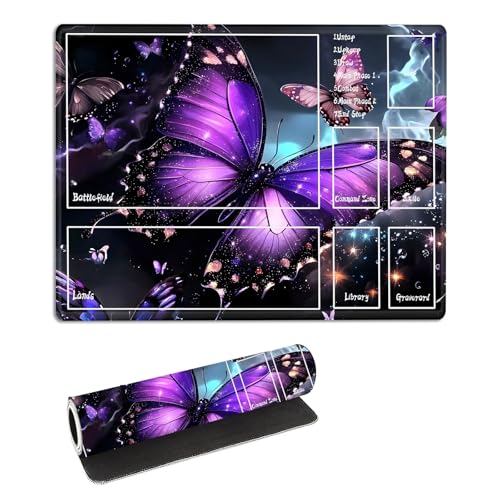 for MTG Playmat with Zones Storage Bag,for TCG Playmat and Playing Card Mat for Magic Board Games, Butterflies Non Slip Stitched Edges Game Mat, Rollable Foldable Card Play mats - color: Butterflies, size: With Zone 17.32''x13.78''