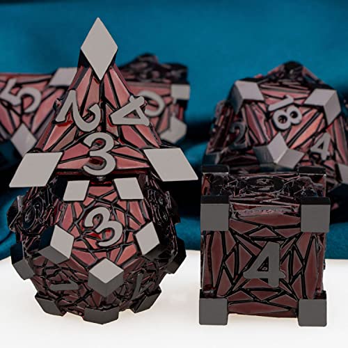 ARUOHHA DND Metal Dice Set Crystal Shards Dice with Gift Box, 7PCS Black Red Polyhedral Dice RPG Role Playing Game Handmade 6 Sided D and D Dice Set D20 D12 D10 D8 D6 D4 ﻿ - color: Black Nickel Red
