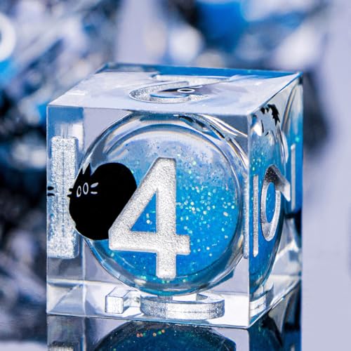 DND Cat Dice Set Blue Sharp Edge Dice with Box, RPG D and D Dice Dungeons Dragons Role Playing Game Polyhedral Resin Dice Set D20 D12 D10 D8 D6 D4 - color: Silver Blue