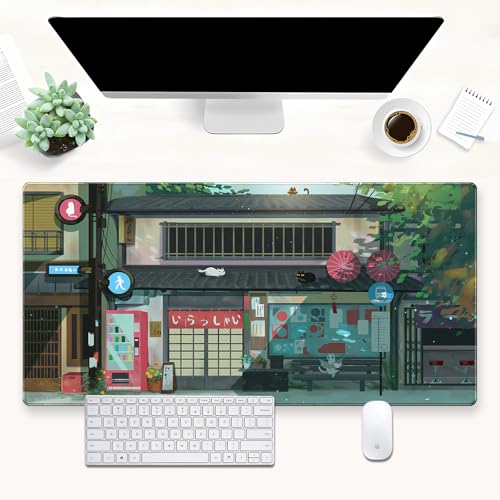 Japanese Anime Desk Mat, Cute Cat XXL Large Gaming Mouse Pad | Cozy anime cat streetview desk pad with smooth textile surface and non-slip rubber base. Perfect for home office decor. - color: Anime Cat