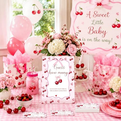 Cherry Bow Guess How Many Baby Shower Game Pack of 1 Tabletop Sign with Stand and 50 How Many Cards, Coquette Cherry Gender Reveal Party Game Decorations - style: Cherry Bow