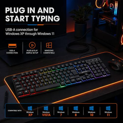 MANHATTAN RGB LED USB Gaming Keyboard - Full Size, Rainbow Backlight, Spill-Resistant, Quiet Keystrokes, 12 Multimedia Function Keys, for Computer, PC, Desktop, Gamer – 3 Yr Mfg Warranty - 180603 - color: Rainbow