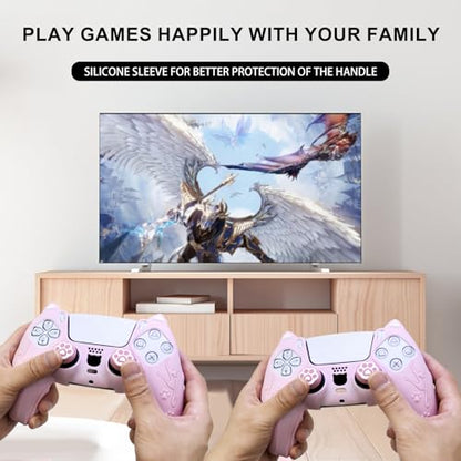 Pink Cat Ear PS5 Controller Cover - Cute Silicone Skin with Cat & Paw Prints + 2 Matching Cat Paw Thumbstick Caps | Kawaii Non-Slip Grip for PlayStation 5 Controller - color: Light Pink