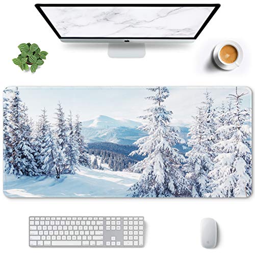 Auhoahsil Large Gaming Mouse Pad, Ice and Snow Theme XXL 35.4 x 15.7 in Desk Pad Stitched Non-Slip Rubber Long Computer Mousepad Thin Extended Full Size Desk Mat for Desktop, Laptop, Wireless Mice - color: 52 White Snow and Pine Forest, size: 35.5L x 15.7