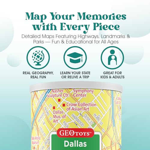Geotoys Dallas Mini City Puzzle - 100 Piece Puzzles for Kids and Adults in Portable Can, 13" x 10" Educational Travel Puzzle for Ages 7 and Up - Mini Puzzles to Learn & Explore Geography - style: Dallas
