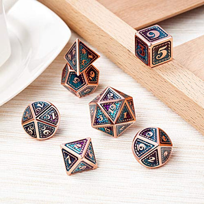 DNDND Metal D&D Dice Set,7 Pieces Dragon Scale Metallic D&D Die with Gift Metal Case for Dungeons & Dragon Game (Teal and Purple with Copper Edge) - color: Teal and Purple With Copper Edge