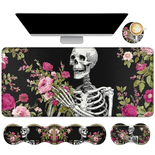 4-in-1 Gaming Desk Mat Set with Memory Foam Keyboard and Mouse Wrist Rest, Extended Mousepad (31.5"x11.8") & Cup Coaster, Ergonomic Desk Pad Protector for Office Home Gamer, Pink Flower Skull - color: 011wz, size: 4Pcs Memory Foam Pad